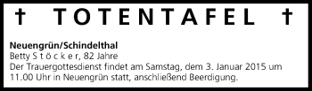 Anzeige von Totentafel, vom 03.01.2015 von MGO