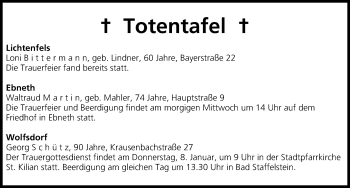 Anzeige von Totentafel vom 06.01.2015 von MGO