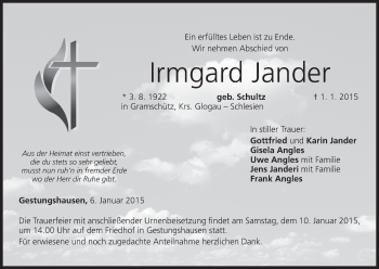 Anzeige von Irmgard Jander von MGO