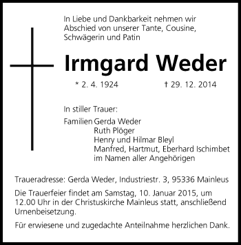 Anzeige von Irmgard Weder von MGO