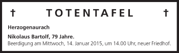 Anzeige von Totentafel vom 13.01.2015 von MGO