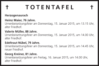 Anzeige von Totentafel vom 14.01.2015 von MGO