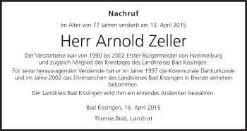 Anzeige von Arnold Zeller von MGO