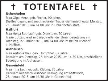 Anzeige von Totentafel vom 26.01.2015 von MGO