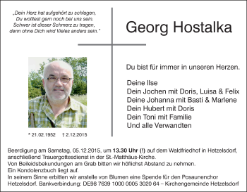 Anzeige von Georg Hostalka von MGO