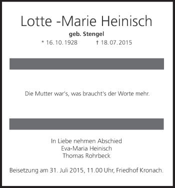 Anzeige von Lotte-Marie Heinisch von MGO