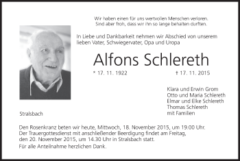 Anzeige von Alfons Schlereth von MGO