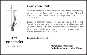 Anzeige von Fritz Lettenmeier von MGO