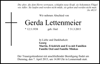 Anzeige von Gerda Lettenmeier von MGO