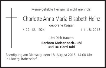 Anzeige von Charlotte Anna Maria Elisabeth Heinz von MGO