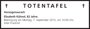 Anzeige von Totentafel vom 03.09.2015 von MGO