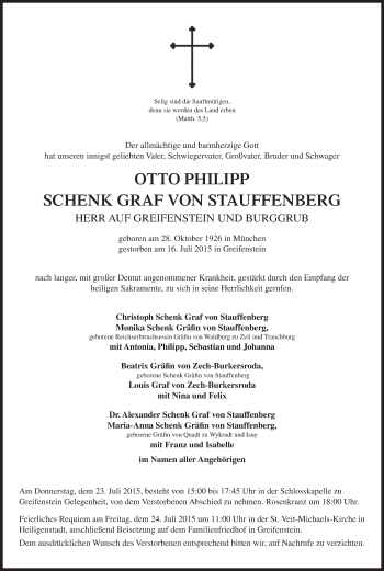 Anzeige von Otto Philipp Schenk Graf von Stauffenberg von MGO