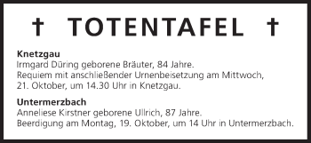 Anzeige von Totentafel vom 17.10.2015 von MGO