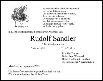 Anzeige von Rudolf Sandler von MGO