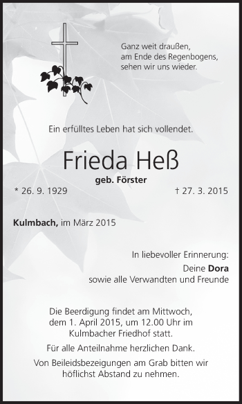 Anzeige von Frieda Heeß von MGO
