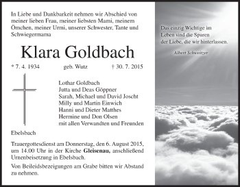 Anzeige von Klara Goldbach von MGO