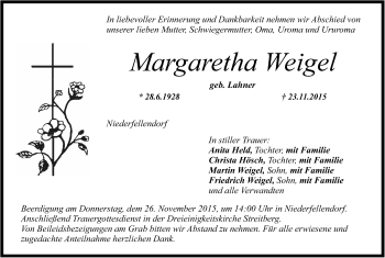 Anzeige von Margaretha Weigel von MGO