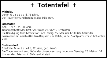 Anzeige von Totentafel vom 12.05.2015 von MGO
