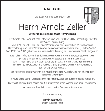 Anzeige von Arnold Zeller von MGO