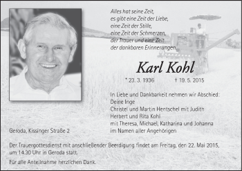 Anzeige von Karl Kohl von MGO