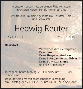 Anzeige von Hedwig Reuter von MGO