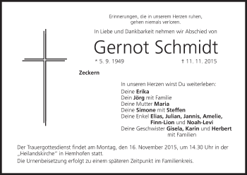 Anzeige von Gernot Schmidt von MGO