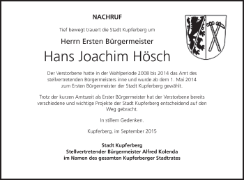 Anzeige von Hans-Joachim Hösch von MGO