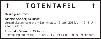 Anzeige von Totentafel vom 17.06.2015 von MGO
