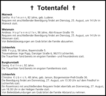 Anzeige von Totentafel vom 25.08.2015 von MGO