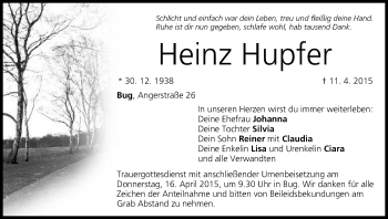 Anzeige von Heinz Hupfer von MGO