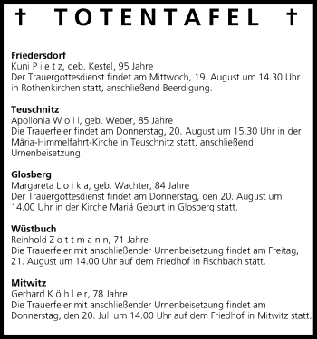 Anzeige von Totentafel vom 19.08.2015 von MGO