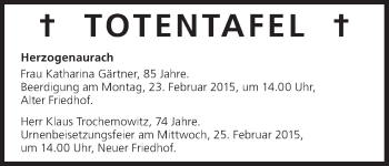 Anzeige von Totentafel 21.02.2015 von MGO