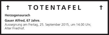 Anzeige von Totentafel vom 19.09.2015 von MGO
