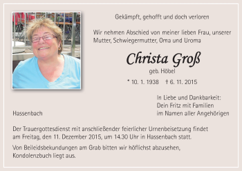 Anzeige von Christa Groß von MGO