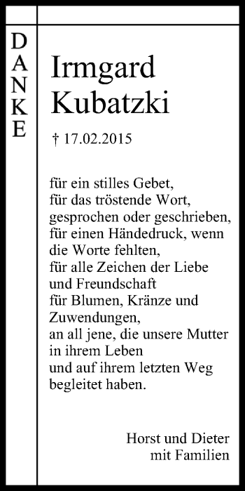 Anzeige von Irmgard Kubatzki von MGO
