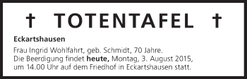 Anzeige von Totentafel vom 03.08.2015 von MGO