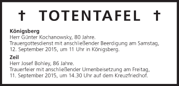 Anzeige von Totentafel vom 11.09.2015 von MGO