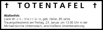 Anzeige von Totentafel vom 22.01.2015 von MGO