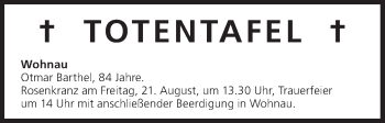 Anzeige von Totentafel vom 21.08.2015 von MGO