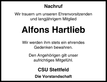 Anzeige von Alfons Hartlieb von MGO