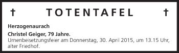 Anzeige von Totentafel vom 27.04.2015 von MGO