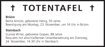 Anzeige von Totentafel vom 21.11.2015 von MGO