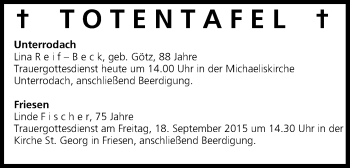 Anzeige von Totentafel vom 17.09.2015 von MGO