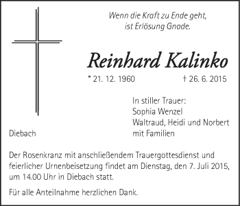 Anzeige von Reinhard Kalinko von MGO