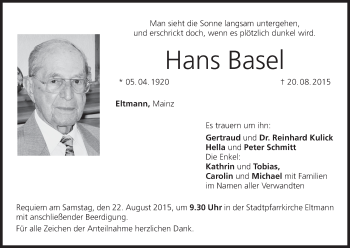 Anzeige von Hans Basel von MGO