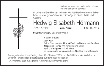 Anzeige von Hedwig Elisabeth Hörmann von MGO