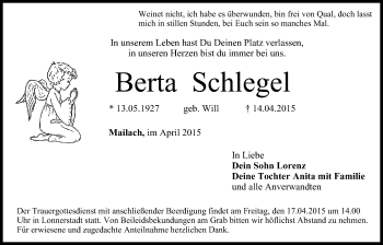 Anzeige von Berta Schlegel von MGO