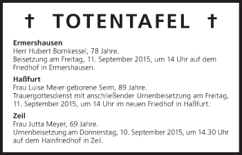 Anzeige von Totentafel vom 10.09.2015 von MGO