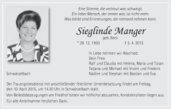 Anzeige von Sieglinde Manger von MGO