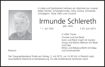 Anzeige von Irmunde Schlereth von MGO